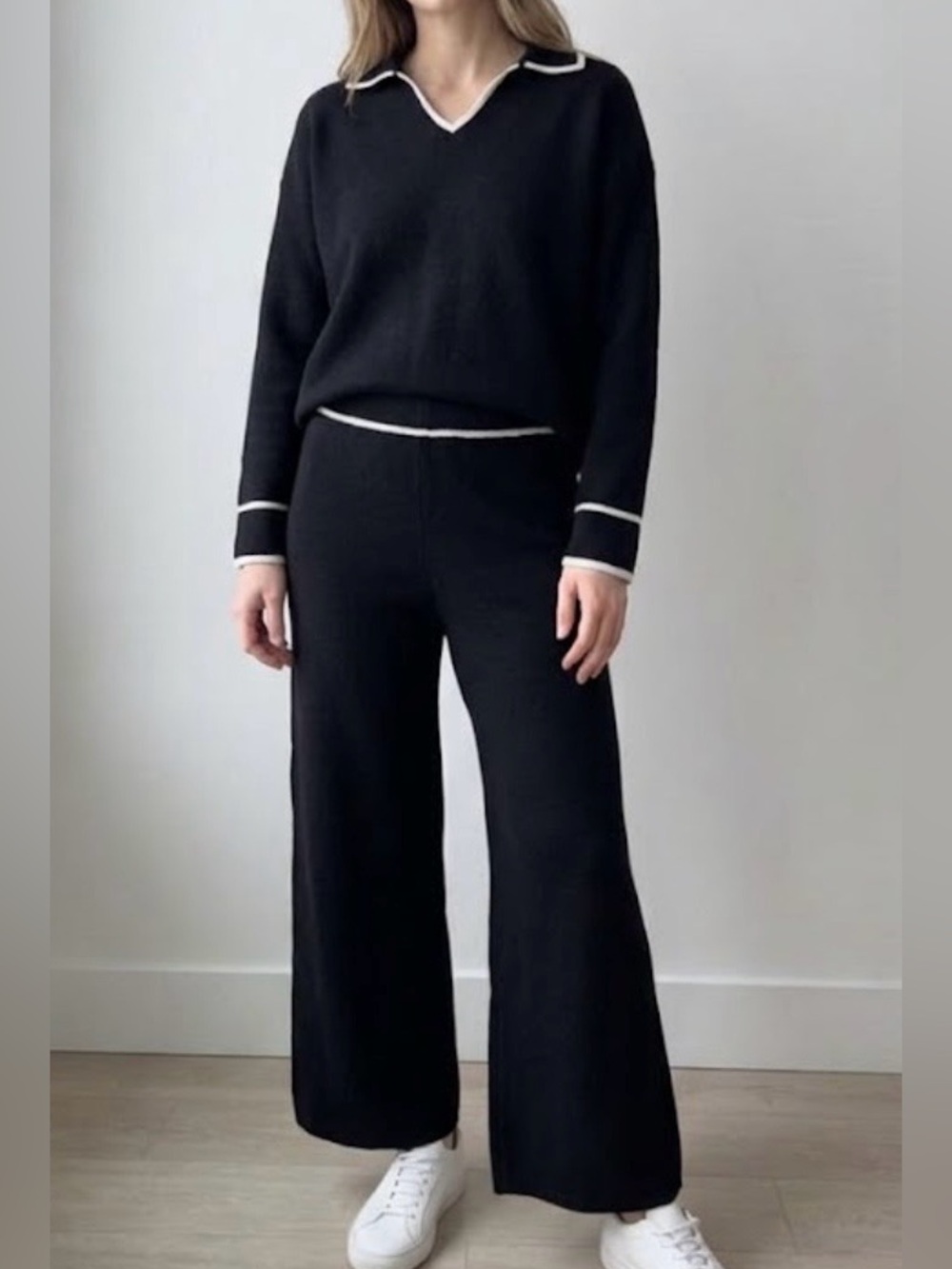 Anrabess Black Knit Sweater and Wide Leg Pants Set Sz S